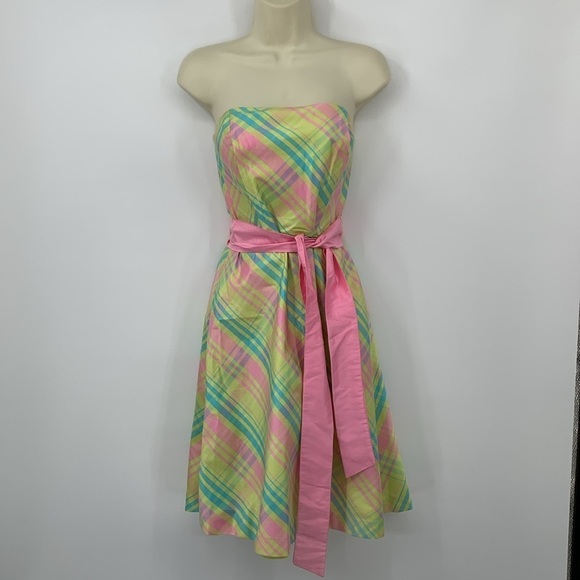 Lilly Pulitzer Sienna silk taffeta plaid strapless dress green pink fit flare 4 - Picture 1 of 4